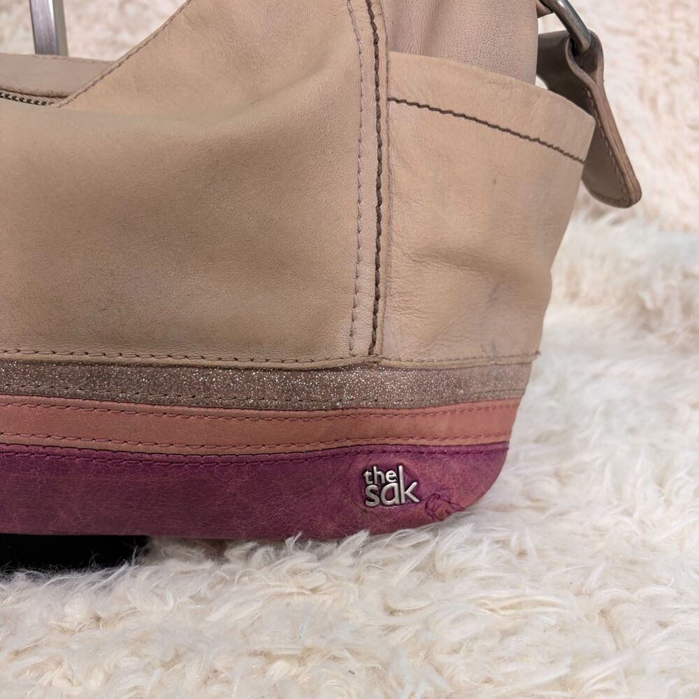 The Sak Leather Shoulder Bag Beige Purple Suede Bottom Stripe Hobo Purse Vintage - Picture 8 of 14